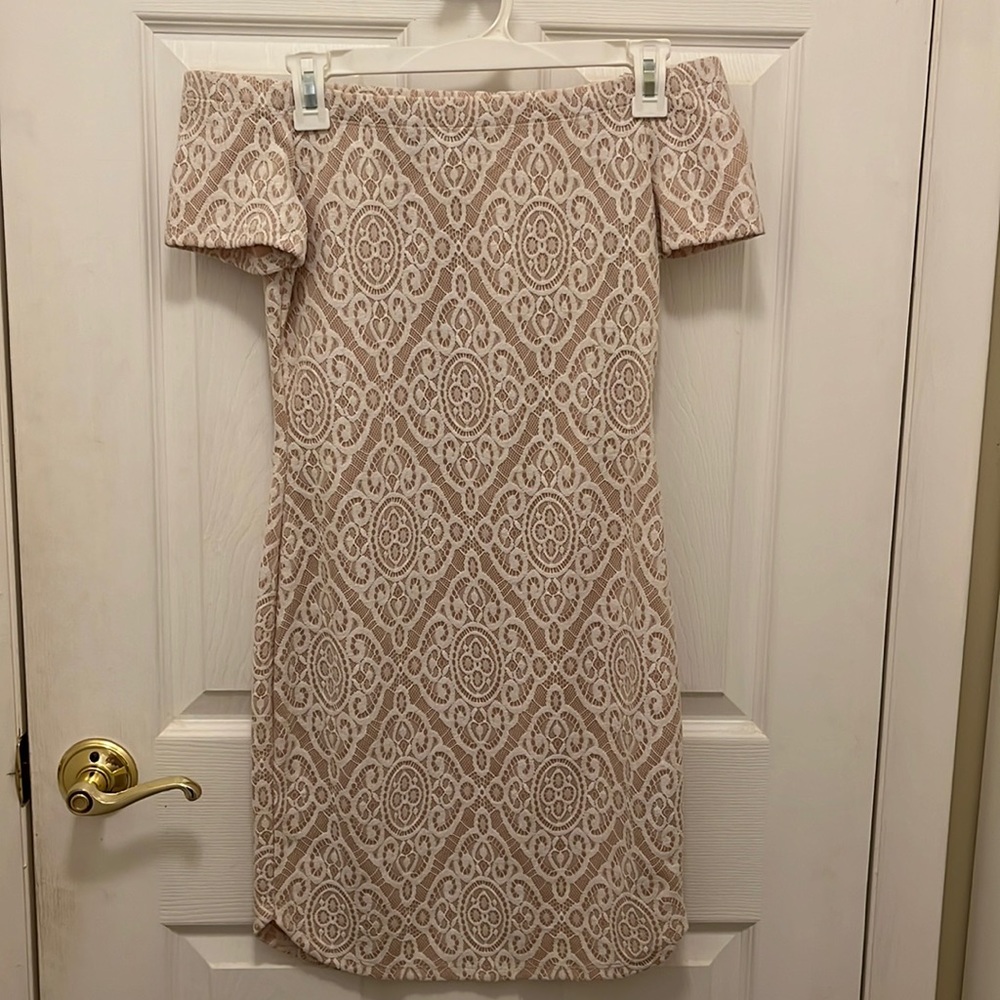White and Beige off the shoulder dress. Size S.